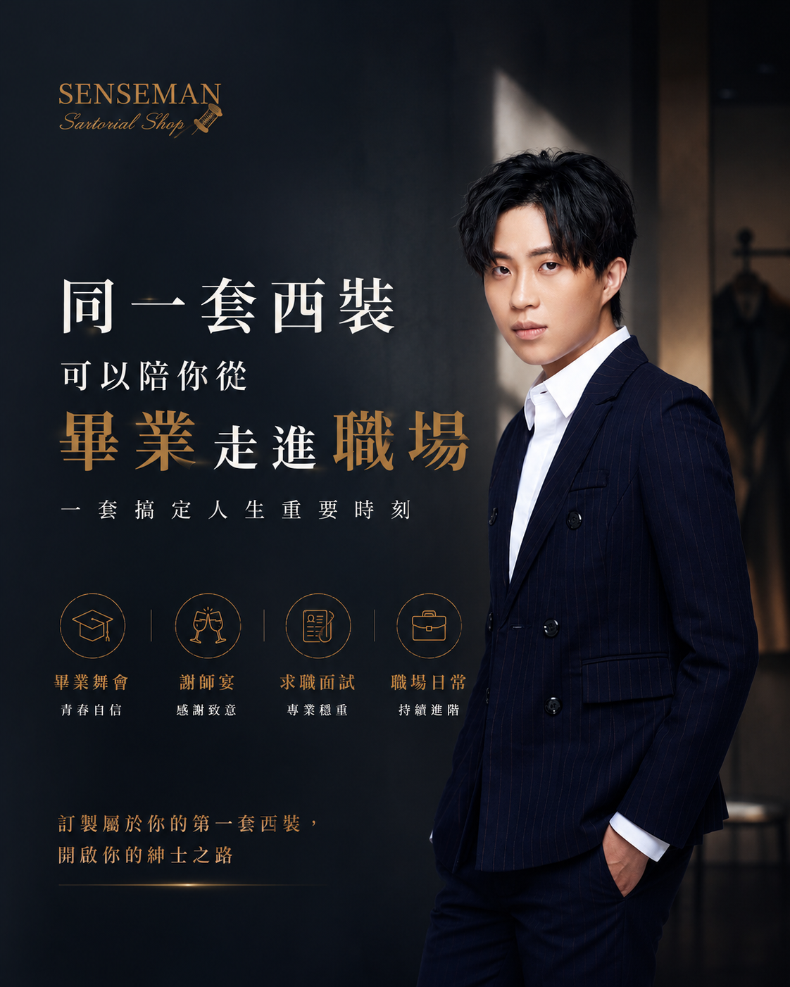 畢業生穿著訂製西裝參加畢業舞會與求職面試,展現從學生到職場新鮮人的專業形象。